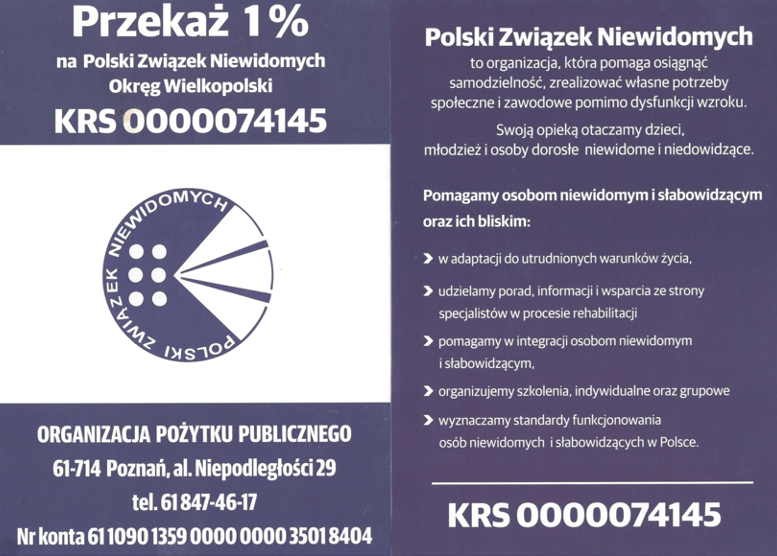 Ulotka -Przekaż 1% podatku na Polski Związek Niewidomych Okręg Wielkopolskii Okręg Wielkopolskii